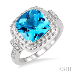 10X10 MM Cushion Shape Blue Topaz and 1/50 Ctw Round Cut Diamond Semi-Precious Ring in Sterling Silver