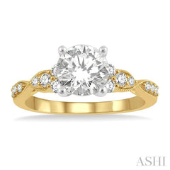 1/4 Ctw Carved Shank Round Cut Diamond Semi Mount Engagement Ring in 14K Yellow and White Gold