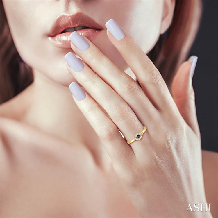 2.60 MM Round Shape Sapphire and 1/10 Ctw Evil Eye Petite Round Cut Diamond Precious Ring in 10K Yellow Gold