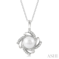 7X7 MM Round Shape Cultured Pearl and 1/50 Ctw Swirl Round Cut Diamond Pendant With Chain in Sterling Silver