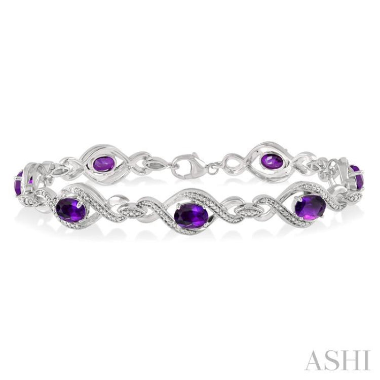 7X5 MM Oval Cut Amethyst and 1/10 Ctw Round Cut Diamond Semi-Precious Bracelet in Sterling Silver