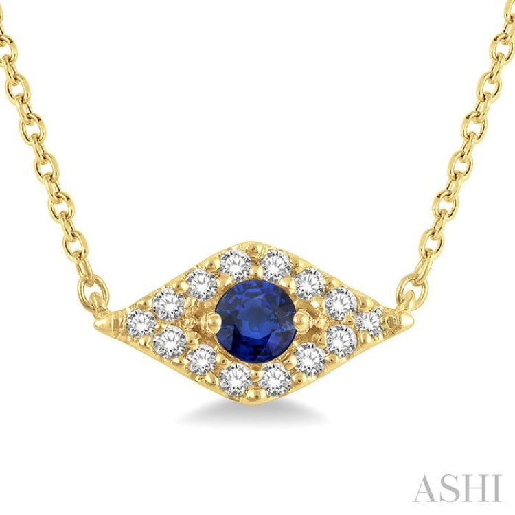 2.60 MM Round Cut Sapphire and 1/10 Ctw Evil Eye Round Cut Diamond Precious Petite Fashion Pendant in 10K Yellow Gold