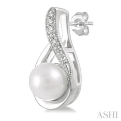 6X6 MM Drop Shape Cultured Pearls and 1/50 Ctw Round Cut Diamond Earrings in Sterling Silver