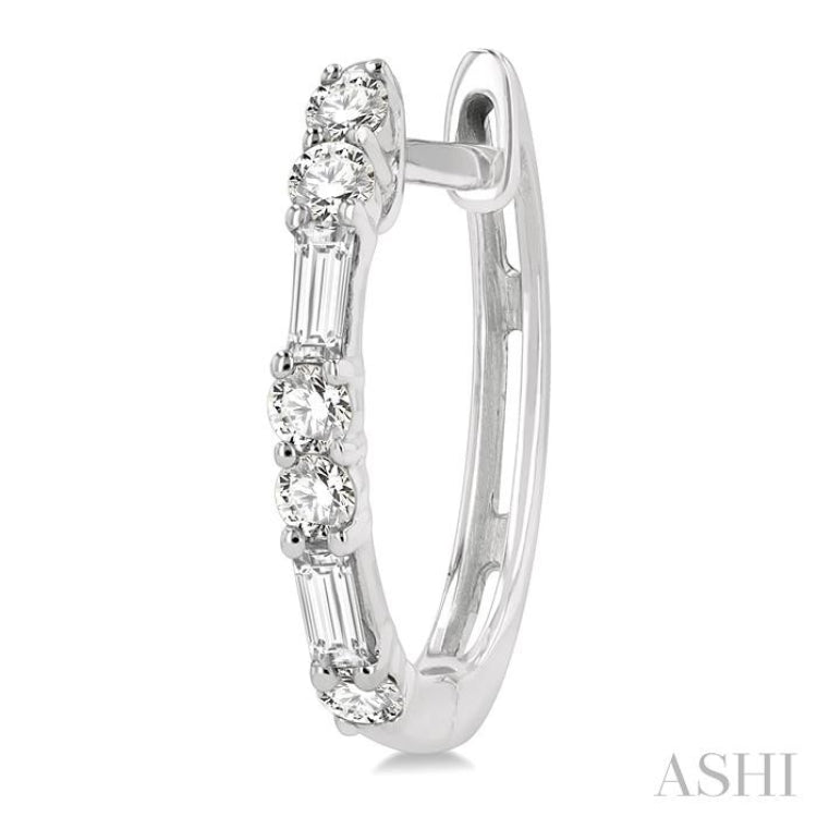 1/3 Ctw Baguette and Single Cut Diamond Petite Huggies in 14K White Gold