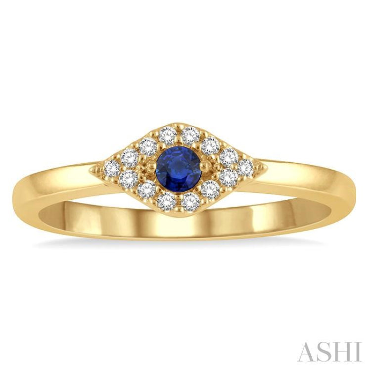 2.60 MM Round Shape Sapphire and 1/10 Ctw Evil Eye Petite Round Cut Diamond Precious Ring in 14K Yellow Gold
