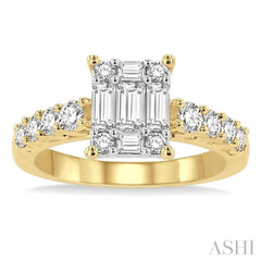 1 Ctw Fusion Baguette and Round Cut Diamond Engagement Ring in 14K Yellow and White gold
