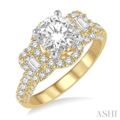 7/8 Ctw Circular Tri-Mount Baguette and Round Cut Diamond Semi-Mount Engagement Ring in 14K Yellow and White gold
