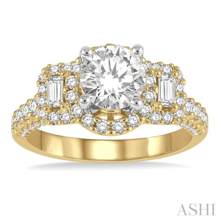 7/8 Ctw Circular Tri-Mount Baguette and Round Cut Diamond Semi-Mount Engagement Ring in 14K Yellow and White gold