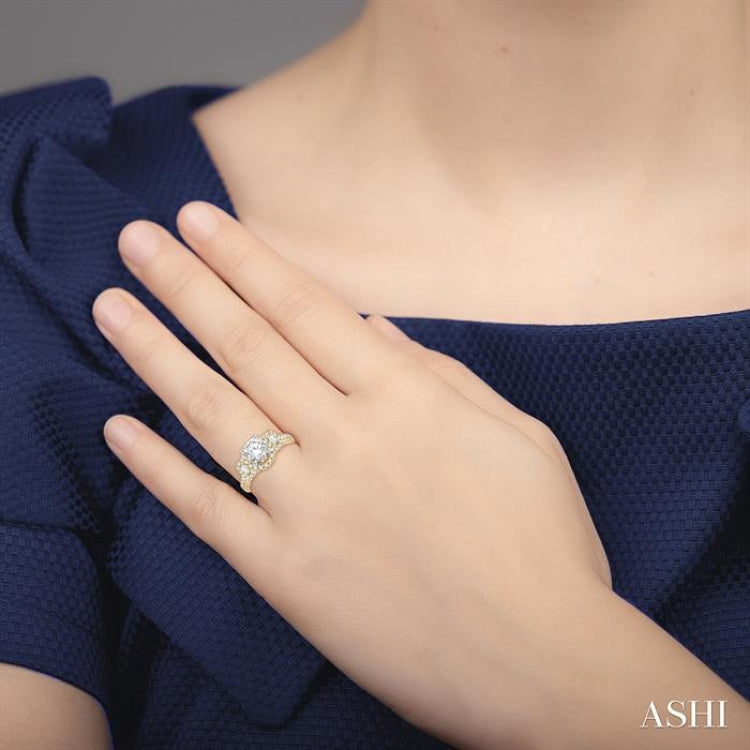 7/8 Ctw Circular Tri-Mount Baguette and Round Cut Diamond Semi-Mount Engagement Ring in 14K Yellow and White gold