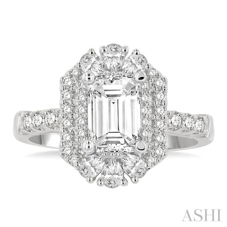 5/8 Ctw Octagonal Shape Pear and Round Cut Diamond Semi-Mount Engagement Ring in 14K White Gold
