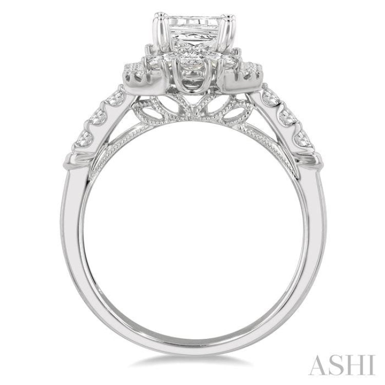 5/8 Ctw Octagonal Shape Pear and Round Cut Diamond Semi-Mount Engagement Ring in 14K White Gold