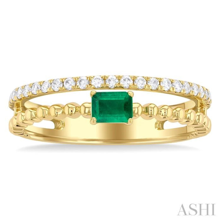 4x3 MM Emerald and 1/5 Ctw Single Cut Diamond Precious Split Twin Ring in 10K Yellow Gold