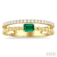 4x3 MM Emerald and 1/5 Ctw Single Cut Diamond Precious Split Twin Ring in 10K Yellow Gold