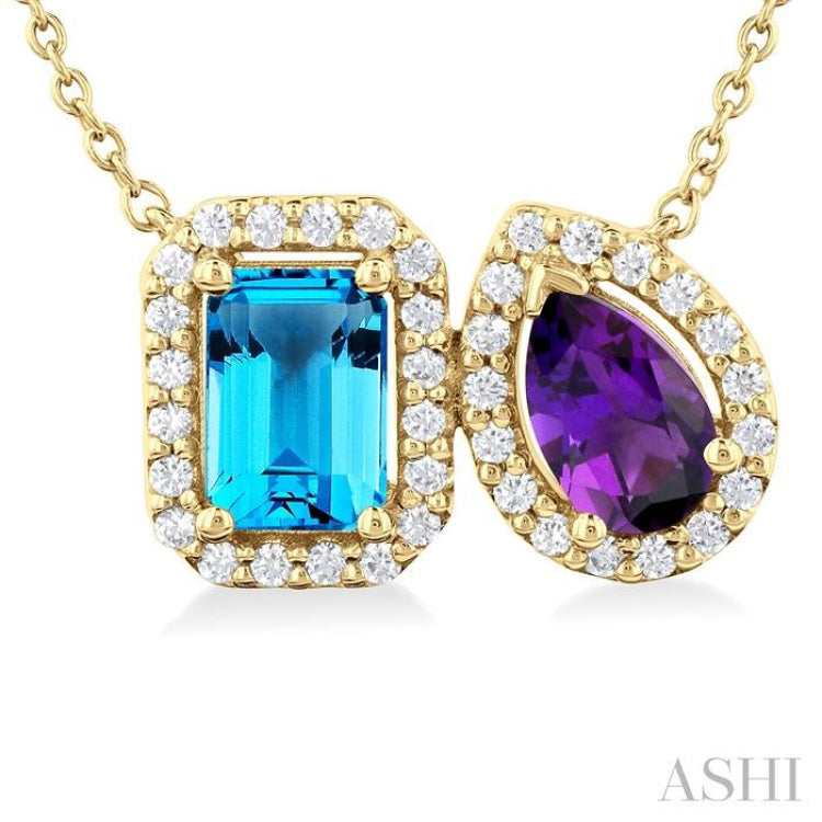 7X5 MM Emerald Cut Blue Topaz & Pear Cut Amethyst and 1/4 Ctw Toi Et Moi Round Cut Diamond Necklace in 14K Yellow Gold