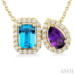 7X5 MM Emerald Cut Blue Topaz & Pear Cut Amethyst and 1/4 Ctw Toi Et Moi Round Cut Diamond Necklace in 14K Yellow Gold