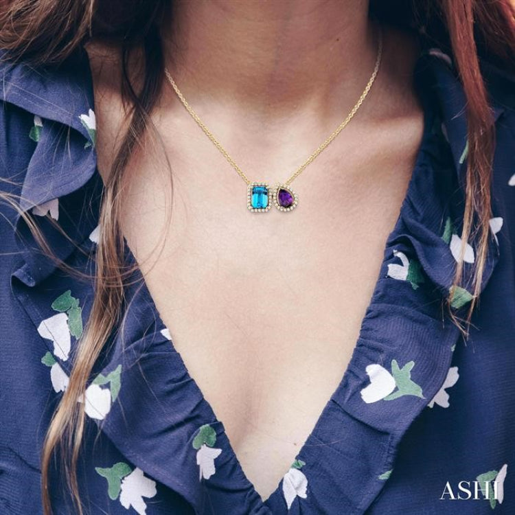 7X5 MM Emerald Cut Blue Topaz & Pear Cut Amethyst and 1/4 Ctw Toi Et Moi Round Cut Diamond Necklace in 14K Yellow Gold