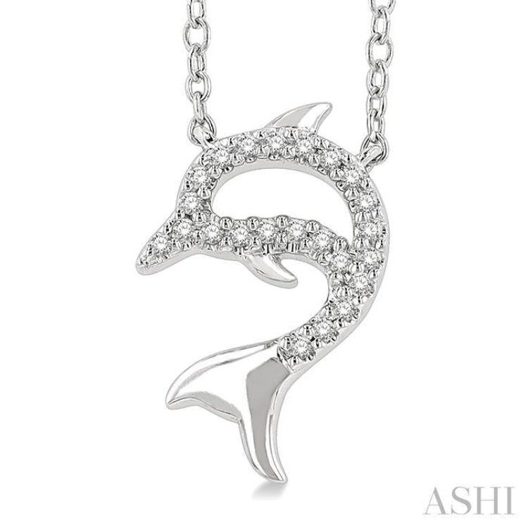 1/20 Ctw Petite Sea Life Dolphin Round Cut Diamond Fashion Pendant With Chain in 10K White Gold