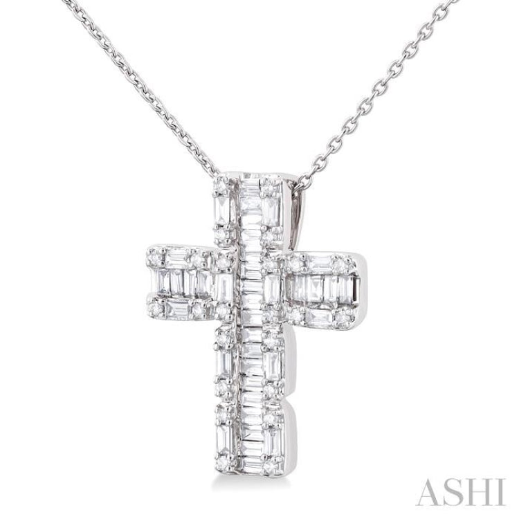 1/2 Ctw Fusion Baguette and Round Cut Diamond Cross Fashion Pendant With Chain in 14K White Gold