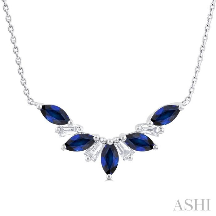 5x2.5 MM Marquise Cut Sapphire and 1/6 Ctw Baguette Cut Diamond Precious Gemstone Necklace in 14K White Gold