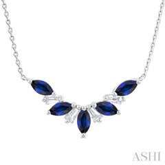 5x2.5 MM Marquise Cut Sapphire and 1/6 Ctw Baguette Cut Diamond Precious Gemstone Necklace in 14K White Gold