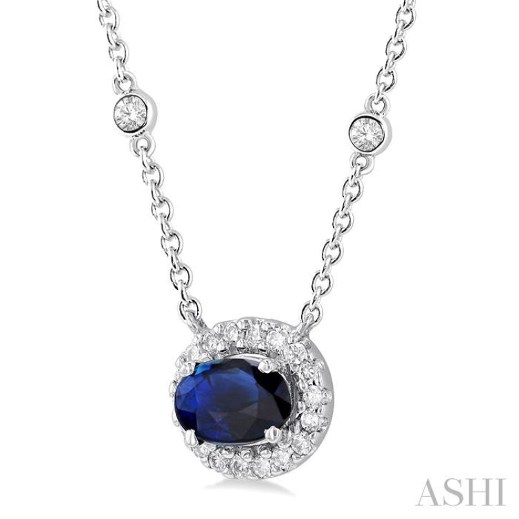 6x4 MM Oval Cut Sapphire and 1/6 Ctw Round Cut Diamond East West Halo Precious Necklace in 14K White Gold