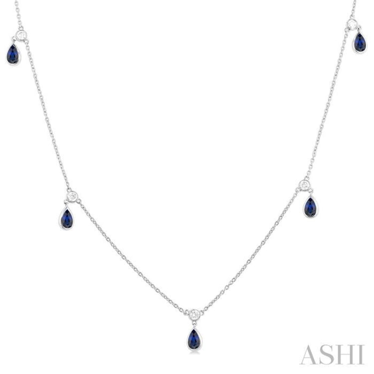 5x3 MM Pear Shape Sapphire and 1/4 Ctw Round Cut Diamonds Precious Station Necklace in 14K White Gold