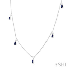 5x3 MM Pear Shape Sapphire and 1/4 Ctw Round Cut Diamonds Precious Station Necklace in 14K White Gold