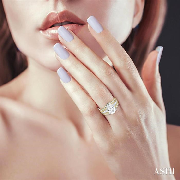 1 1/2 Ctw Baguette and Round Cut Diamond Oval Shape Semi-Mount Engagement Ring in 14K Yellow and White Gold