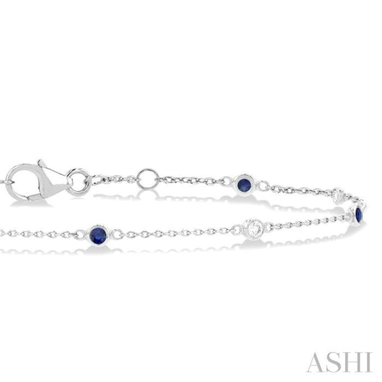 1.8 MM Sapphire and 1/10 Ctw Bezel Set Round Cut Diamond Precious Gemstone Station Bracelet in 14K White Gold