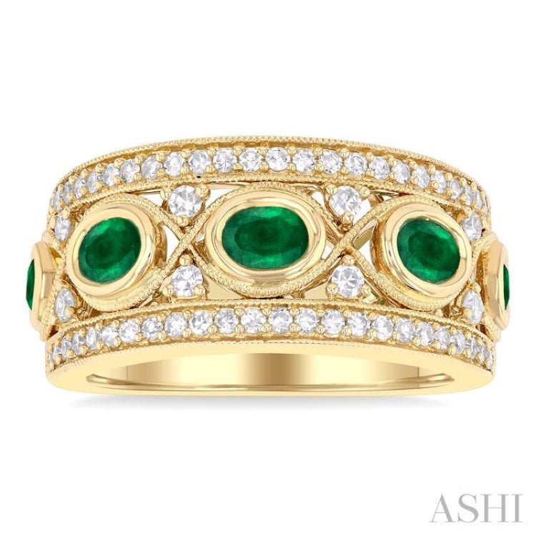 4x3 MM Oval and 2.8 MM Round Cut Emerald and 3/8 Ctw Curvy Criss-Cross Single Cut Diamond Precious Band in 14K Yellow Gold