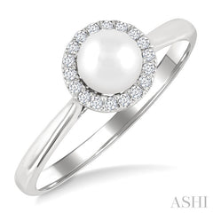 5 MM White Cultured Pearl and 1/20 Ctw Round Cut Diamond Halo Ring in 14K White Gold