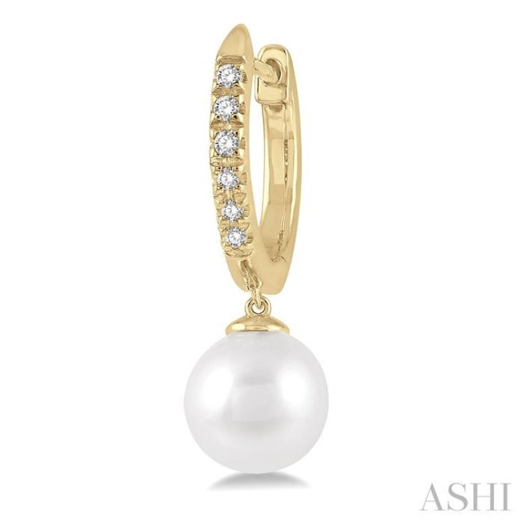 6 MM Round Shape Cultured Pearls and 1/8 Ctw Round Cut Diamond Drop Petite Huggie Earrings 10K Yellow Gold