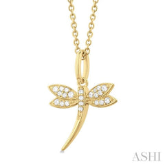 1/10 Ctw Petite Dragonfly Round Cut Diamond Fashion Pendant With Chain in 10K Yellow Gold