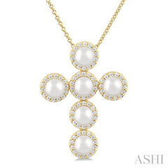 4 MM Cross Cultured Pearl and 1/3 Ctw Round Cut Diamond Fashion Pendant With Chain in 14K Yellow Gold