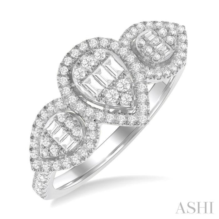 5/8 Ctw Pear Shape Past, Present & Future Fusion Baguette and Round Cut Diamond Halo Engagement Ring in 14K White Gold