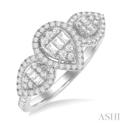5/8 Ctw Pear Shape Past, Present & Future Fusion Baguette and Round Cut Diamond Halo Engagement Ring in 14K White Gold