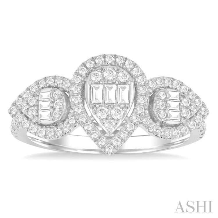 5/8 Ctw Pear Shape Past, Present & Future Fusion Baguette and Round Cut Diamond Halo Engagement Ring in 14K White Gold