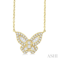1/3 Ctw Petite Butterfly Baguette and Round Cut Diamond Fashion Pendant With Chain in 14K Yellow Gold