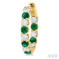 3.1 MM Emerald and 1 5/8 Ctw Round Cut Inside-Out Diamond Precious Hoop Earrings in 14K Yellow Gold