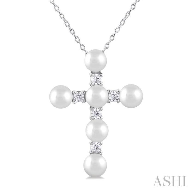 4 MM Cross Cultured Pearl and 1/6 Ctw Round Cut Diamond Fashion Pendant With Chain in 10K White Gold