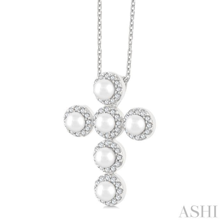 3 MM Cross Cultured Pearl and 1/4 Ctw Round Cut Diamond Pendant With Chain in 14K White Gold