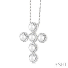 3 MM Cross Cultured Pearl and 1/4 Ctw Round Cut Diamond Pendant With Chain in 14K White Gold