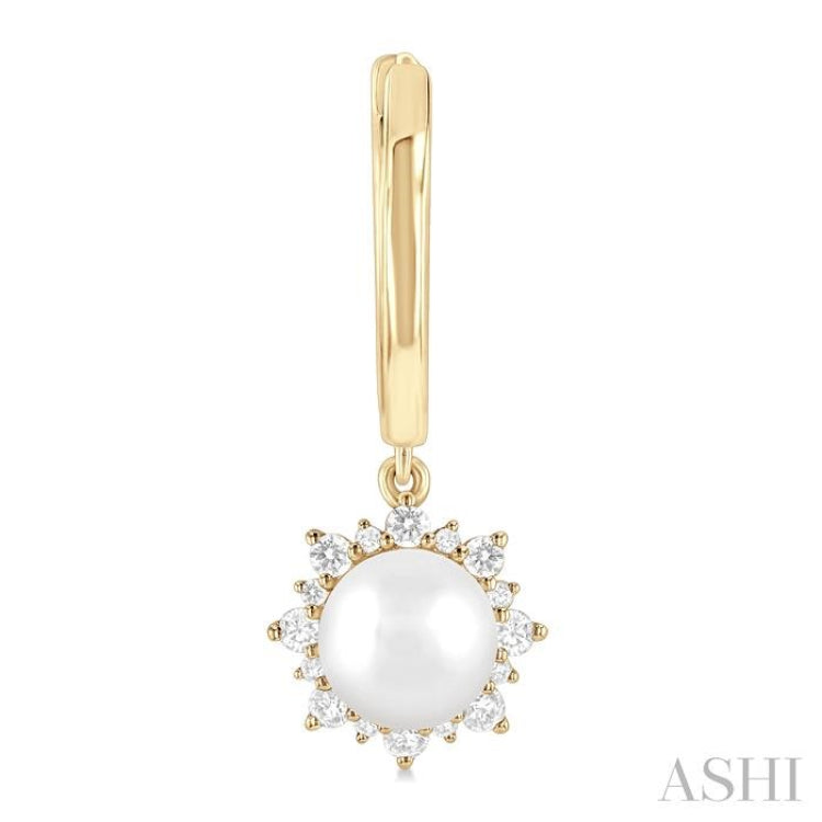 5.5 MM Round Shape Cultured Pearls and 1/5 Ctw Petite Round Cut Diamond Fashion Huggies in 10K Yellow Gold
