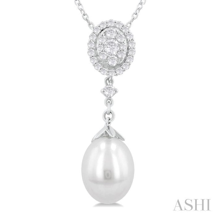 9X7 MM Oval Shape Mount Cultured Pearl Drop and 1/5 Ctw Round Cut Diamond Fashion Pendant With Chain in 14K White Gold