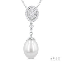 9X7 MM Oval Shape Mount Cultured Pearl Drop and 1/5 Ctw Round Cut Diamond Fashion Pendant With Chain in 14K White Gold