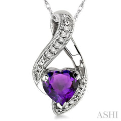 7 MM Heart Shape Amethyst and 1/20 Ctw Single Cut Diamond Semi-Precious Pendant in 14K White Gold with Chain