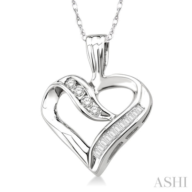 1/4 Ctw Baguettes and Round Diamond Heart Pendant in 10K White Gold with Chain