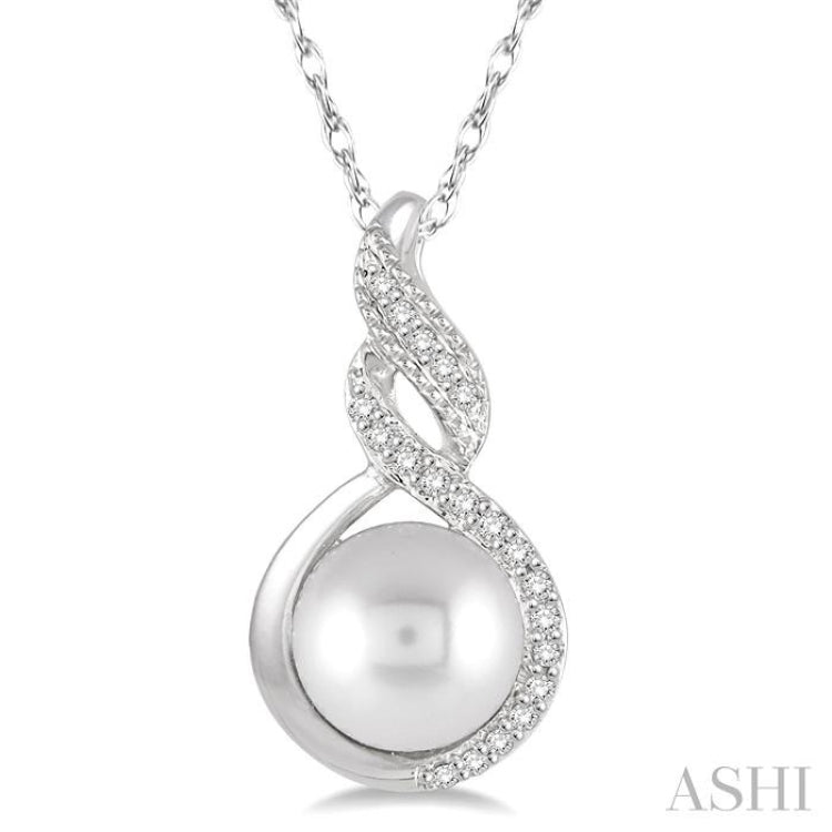 7 MM Round Shape Cultured Pearl and 1/20 Ctw Round Cut Diamond Twisted Accented Pendant in 10K White Gold with chain