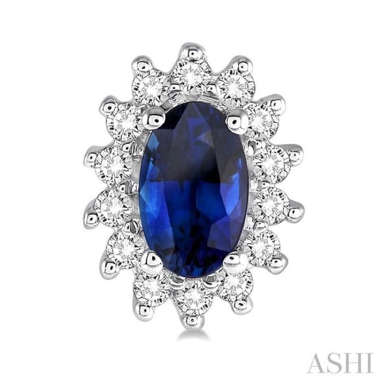 5x3 MM Oval Cut Center Sapphire and 1/5 Ctw Round Cut Diamond Sunflower Precious Earrings in 10K White Gold