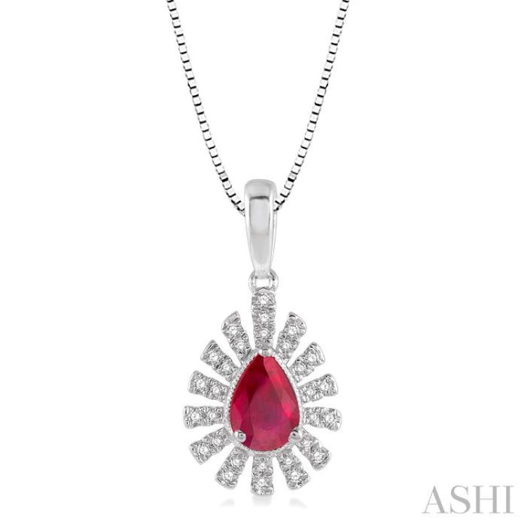 6x4 MM Bar Accent Pear Shape Ruby and 1/8 Ctw Round Cut Diamond Precious Pendant With Chain in 10K White Gold